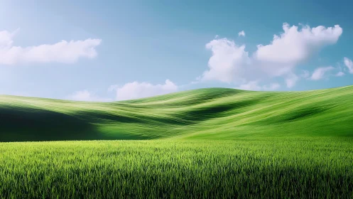 Sunlit green hills under soft clouds and clear sky.