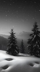 Snow covered conifer forest under star filled winter sky.