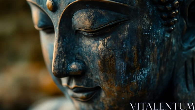 Macro study of weathered bronze Buddha face with shallow depth of field