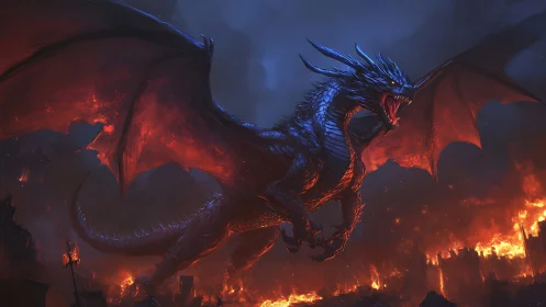 Midnight inferno dragon storms a burning shattered kingdom.