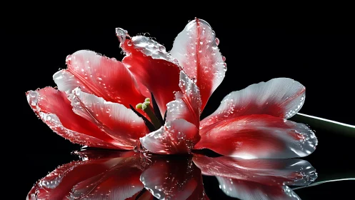 Frosted Red Tulip Petals with Crystalline Ice Accumulation.