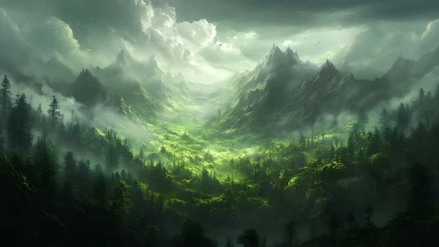 Misty Mountain Valley Between Green Peaks