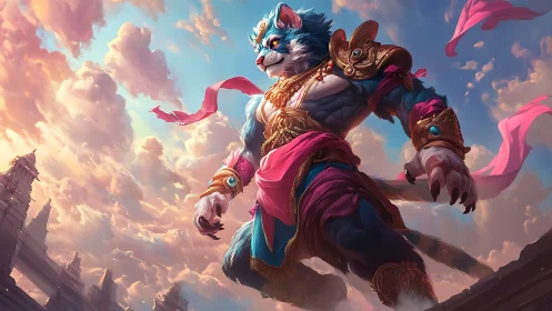 Armored feline demigod ascending through stratified sunset sky.