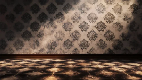 Ornate damask wall and patterned light create moody interior.
