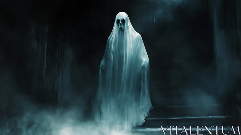 Ghostly figure hovering in dark stairway engulfed by fog.