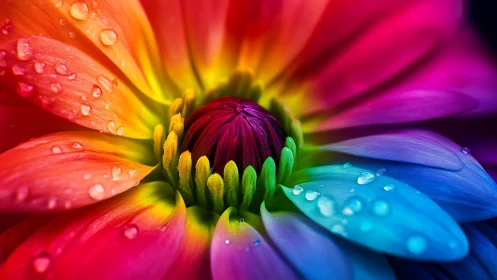 Macro view captures vivid rainbow flower petals with dew