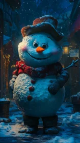 Cheerful snowman in glowing winter street scene at night.