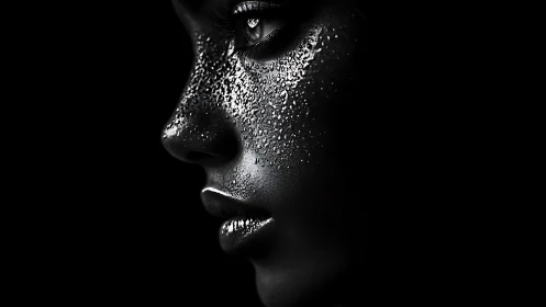 Side profile portrait with wet textured metallic skin.