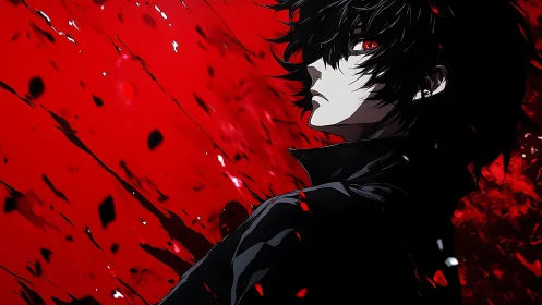 Shadow-eyed rebel in a storm of vivid crimson chaos.