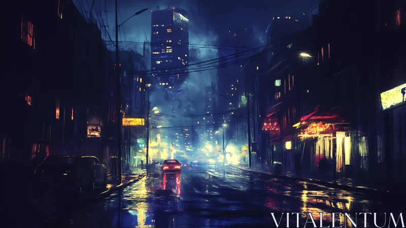 Rain-soaked neon city street glows under a moody midnight sky