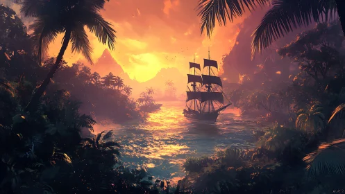 Golden Age Galleon Discovers Paradise Lagoon at Sunset.