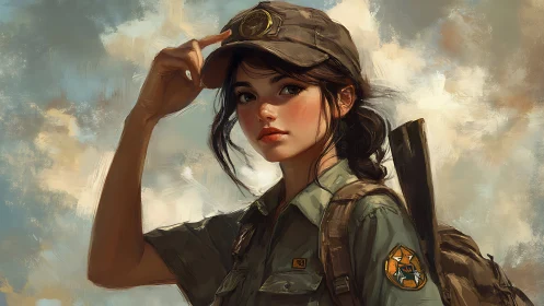 Military field portrait of young ranger in olive fatigues