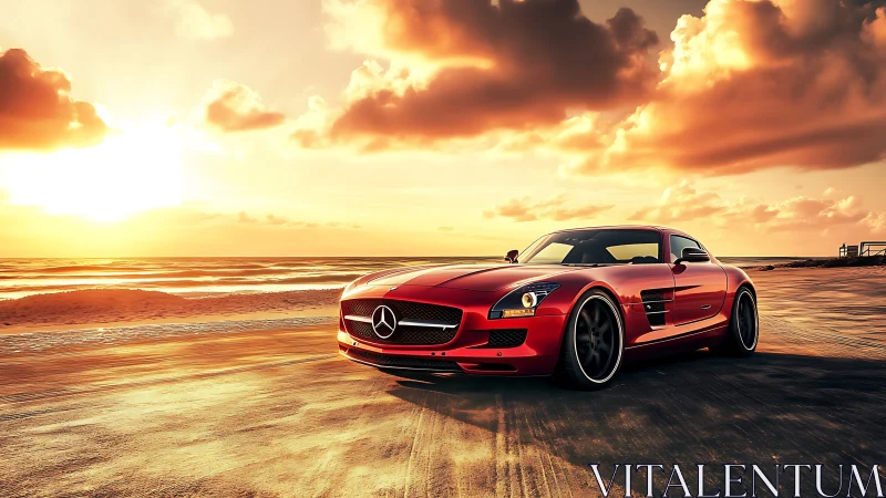 Red Mercedes sports coupe glows against dramatic beach sunset