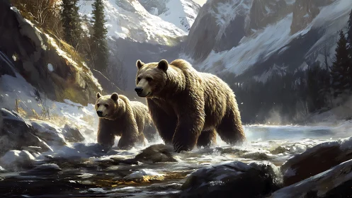 Grizzly pair strides through icy alpine river under diffused backlight