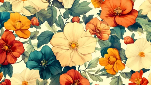 Botanical Illustration: Layered Floral Composition with Warm Color Palette