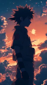Silhouetted anime hero stands against blazing sunset sky.