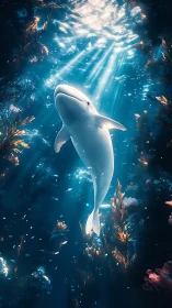 Beluga whale in volumetric caustic light within kelp forest.