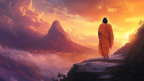 Solitary monk walks toward a radiant, misty mountain sunrise