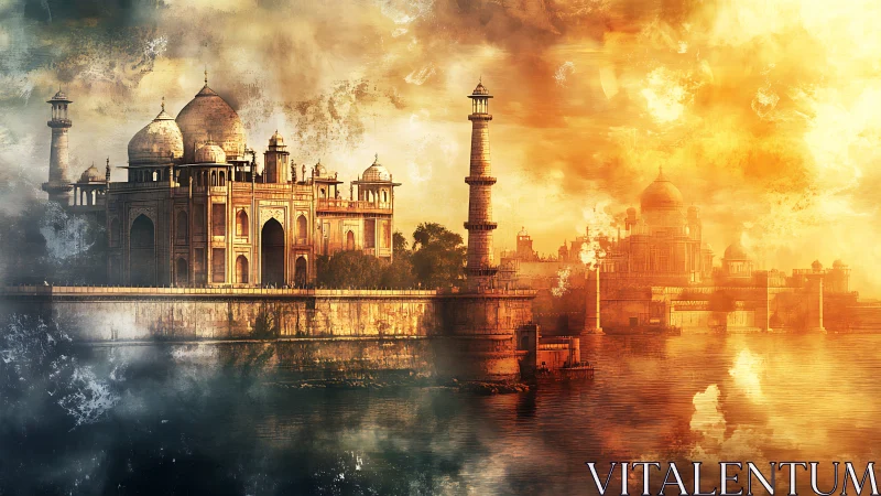 Dreamy riverside palaces glowing in mist and golden light.