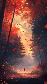 Solitary figure in autumn forest with falling leaves and warm light.
