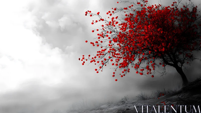 Monochrome landscape with crimson blossom tree contrast study.