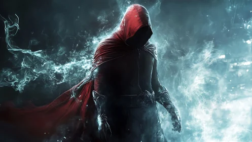 Hooded voidwalker in crimson cloak breaching frostlit ether.