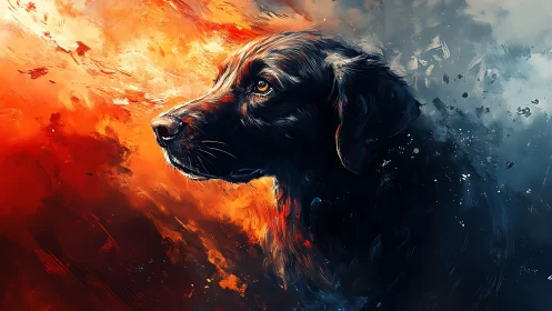 High-contrast digital portrait of black dog in fire-ice split