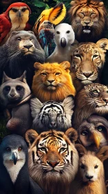 Wildlife portrait grid with hyperreal big cats and birds.