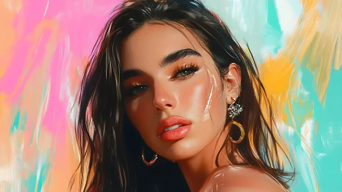 Digital portrait with glossy skin rendering and neon brushwork