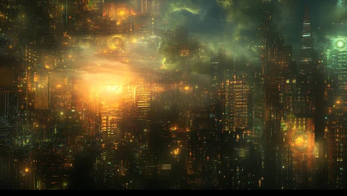 Golden dusk over a neon-dense cyber city dreamscape.