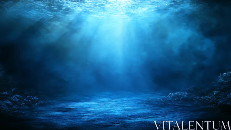 Subsurface ocean floor illuminated by volumetric blue caustics