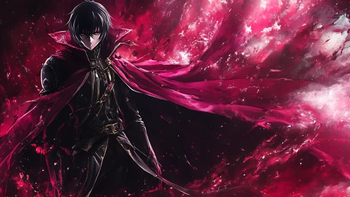 Dark armored mage commands crimson cosmic storm