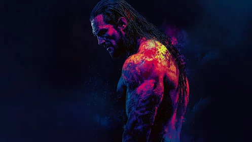 Intense muscular man in neon colors on dark background.