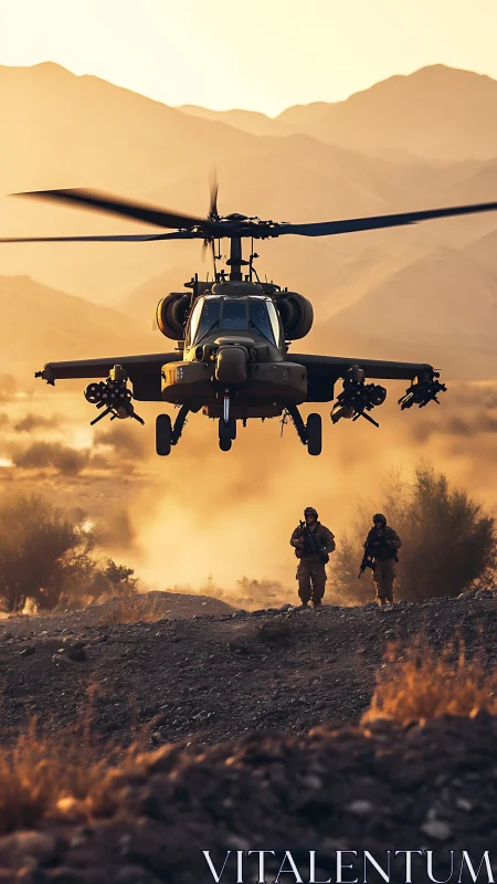 Attack helicopter hovers low above soldiers in dusty valley.