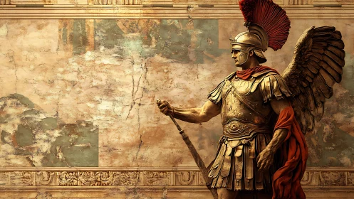 Winged bronze Roman centurion statue against aged fresco wall