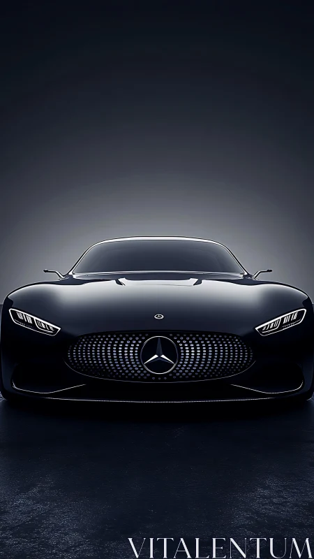 Sleek futuristic sports car glows softly in a dark studio