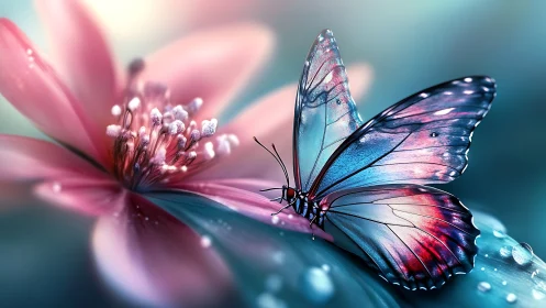 Glistening butterfly rests gently beside a dreamy pink bloom