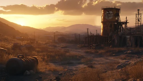 Rusting industrial wasteland under golden sunset light.