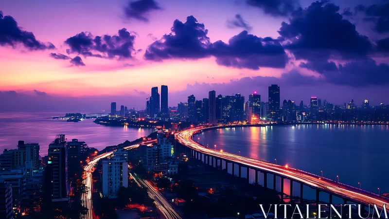 Coastal urban skyline with elevated bridge at dusk.