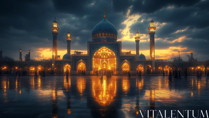 Golden mosque courtyard glowing softly at dramatic sunset.