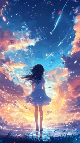 Stargazing girl quietly stitches wishes into falling skies