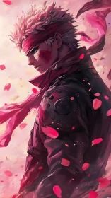 Scarred anime warrior with red scarf amid drifting petals.