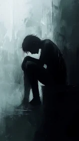 Shadowed soul curled in rainwashed blue, painted in silence.