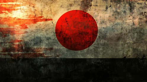 Textured rising sun emblem with distressed grunge palette.