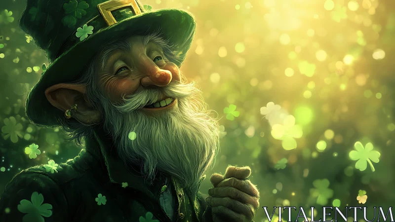 Leprechaun character in green forest with glowing clovers.