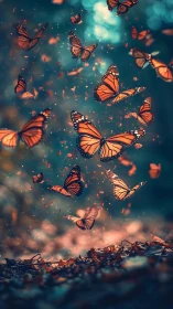 Monarch butterflies ascending through glowing forest haze.