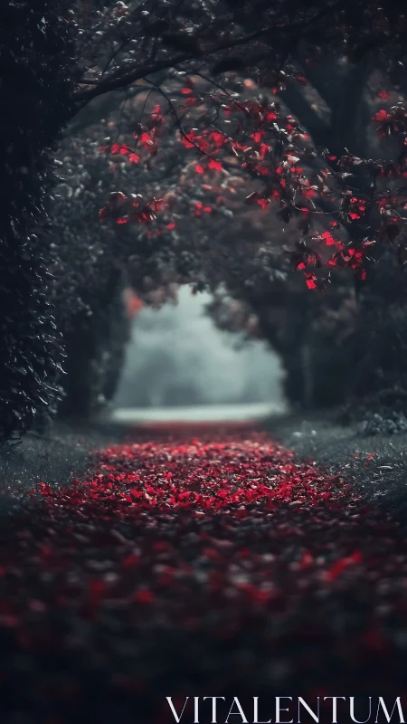 Tree tunnel path with red fallen leaves in soft focus view.