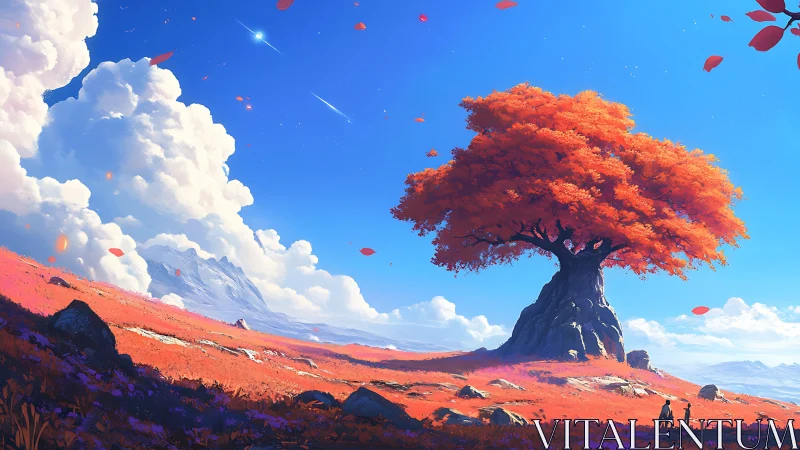 Crimson crowned tree beneath luminous cloud kingdoms.