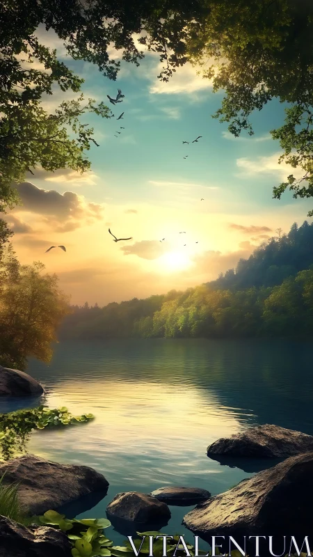 Sunset lake unbuttons the sky while forest light listens