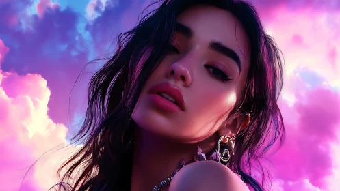 Hyperreal portrait of woman against neon magenta cyan sky